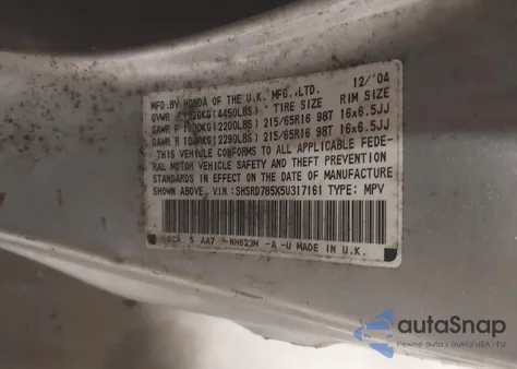 2005 Honda Cr-V Lx из США, поврежденный, VIN SHSRD785X5U317161